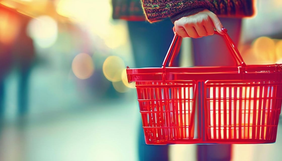 A womans hand holding a shopping basket