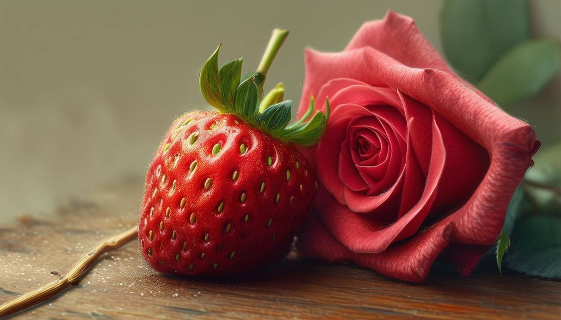 One big strawberry, a rose and a stick