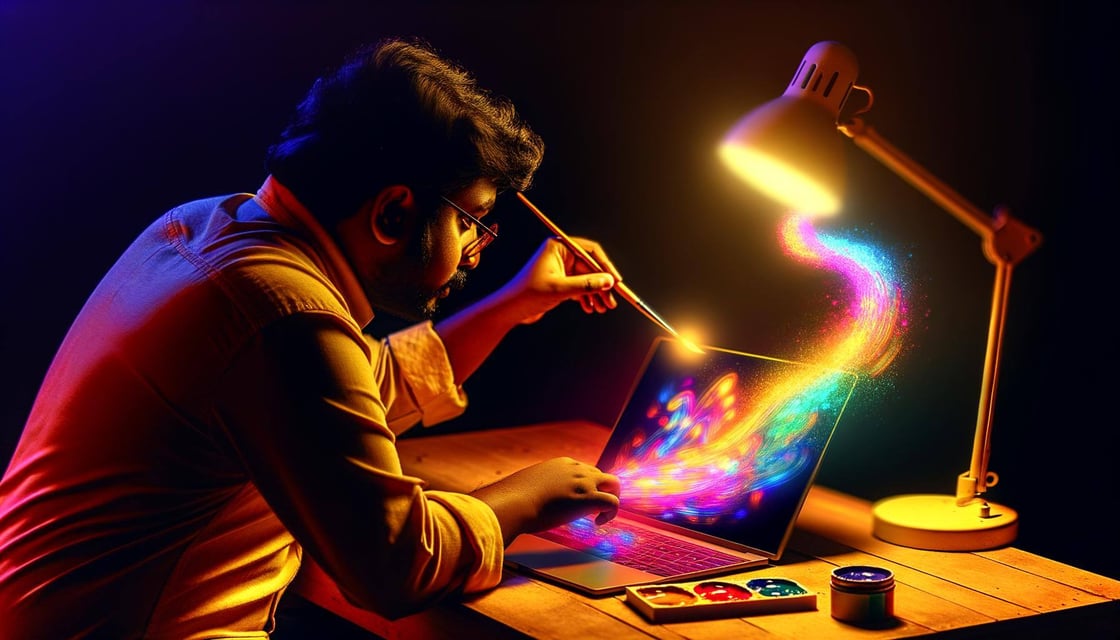 a man painting on his laptop screen with oil colors-1